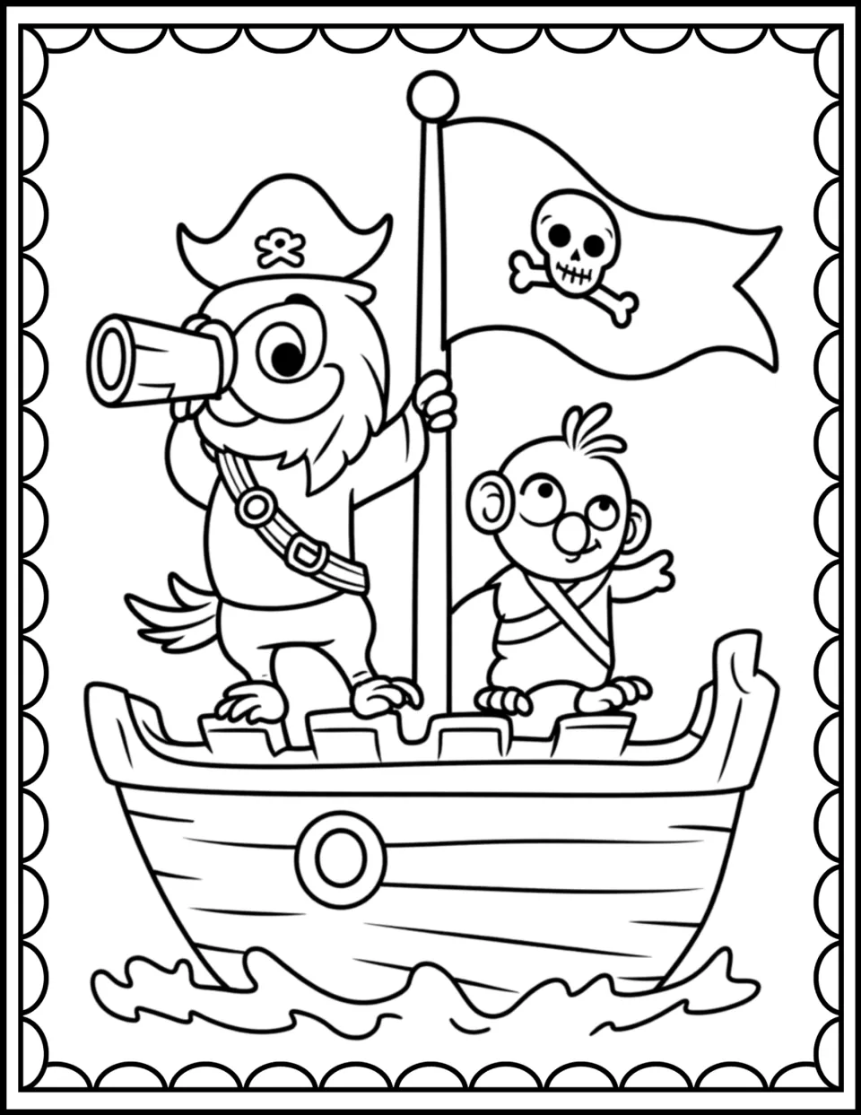 Pirate ship lookout coloring scene: a bird captain with a spyglass and a monkey sail under a skull-and-crossbones flag