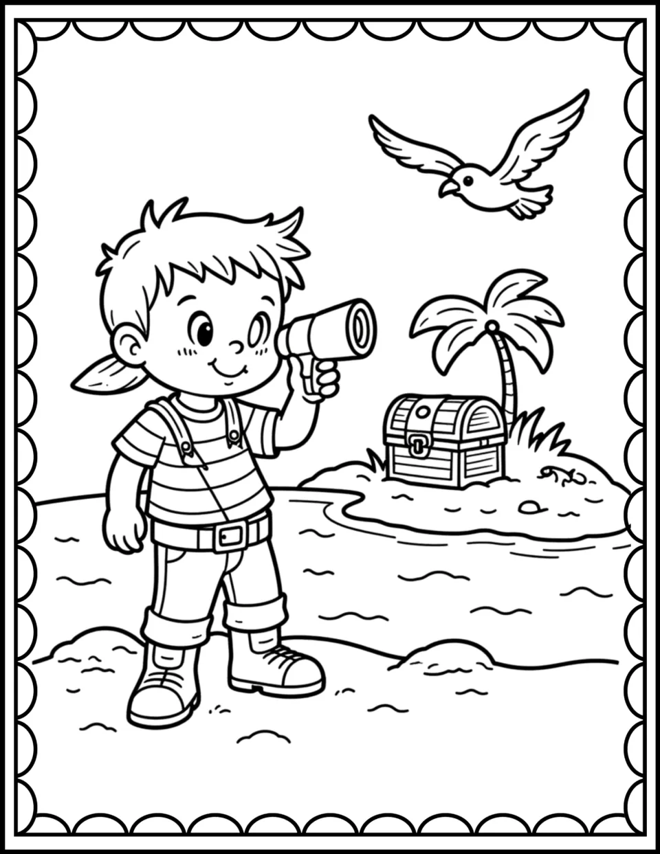 Spyglass explorer coloring scene: a boy in a striped shirt looks toward an island with a treasure chest and palm tree