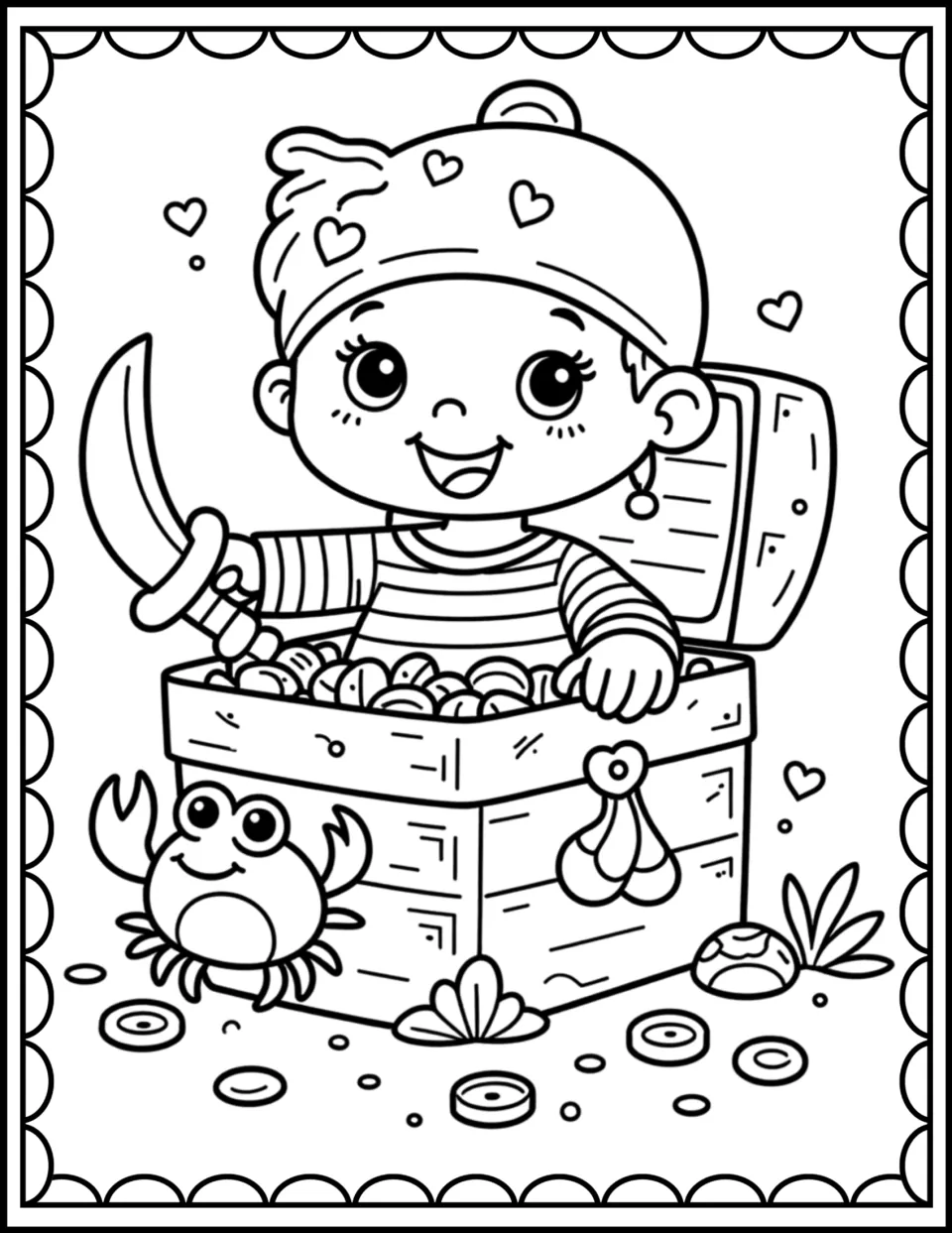 Treasure chest pirate coloring scene: a smiling child with a cutlass sits in a chest of coins next to a friendly crab