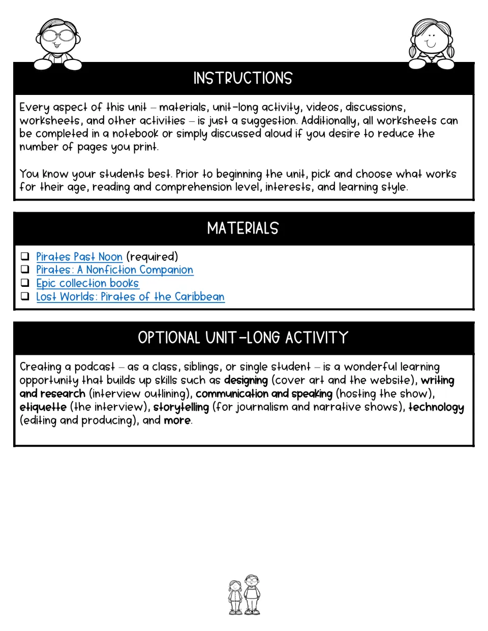 Novel study instructions explain flexible worksheet use, list reading materials, and suggest a podcast