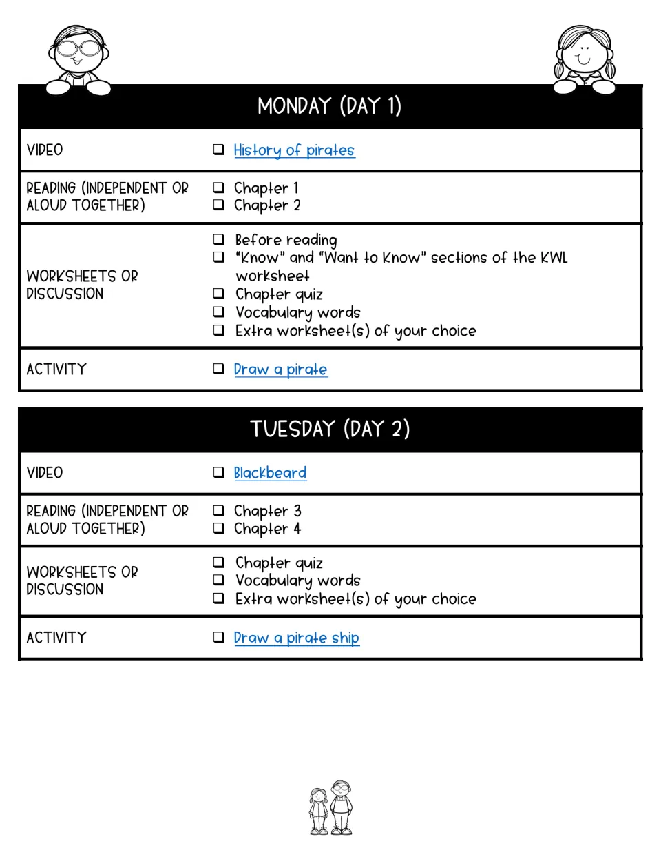 Days 1–2 assign chapters 1–4, pirate history and Blackbeard videos, quizzes, and pirate and ship drawings