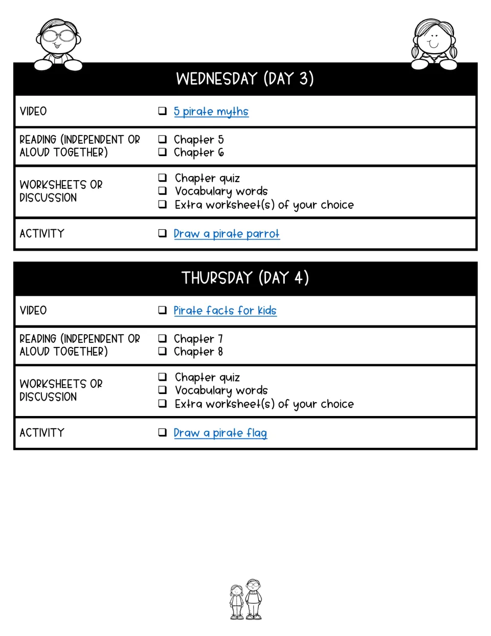 Days 3–4 assign chapters 5–8, pirate myths and facts videos, quizzes, and pirate parrot and flag drawings