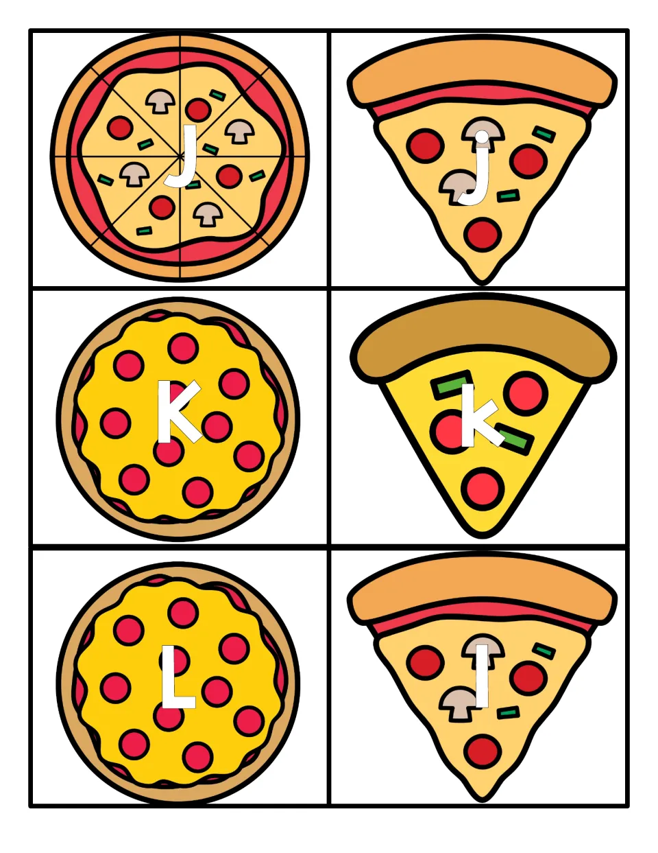 J, K and L pizza cards showing uppercase and lowercase forms of each letter for matching and letter naming practice