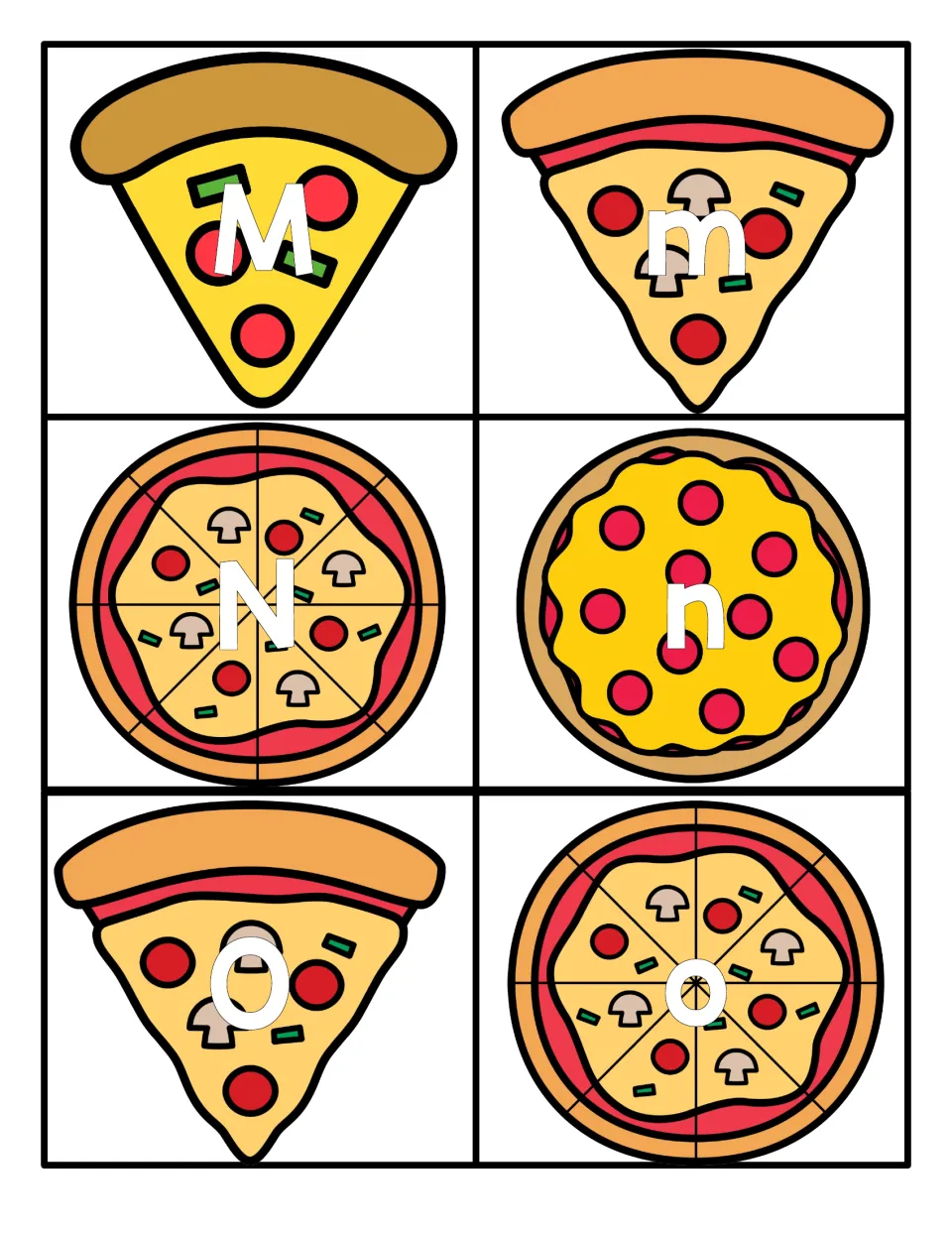 M, N and O on cartoon pizza slices and whole pies: capital and lowercase card for each letter to match in pairs