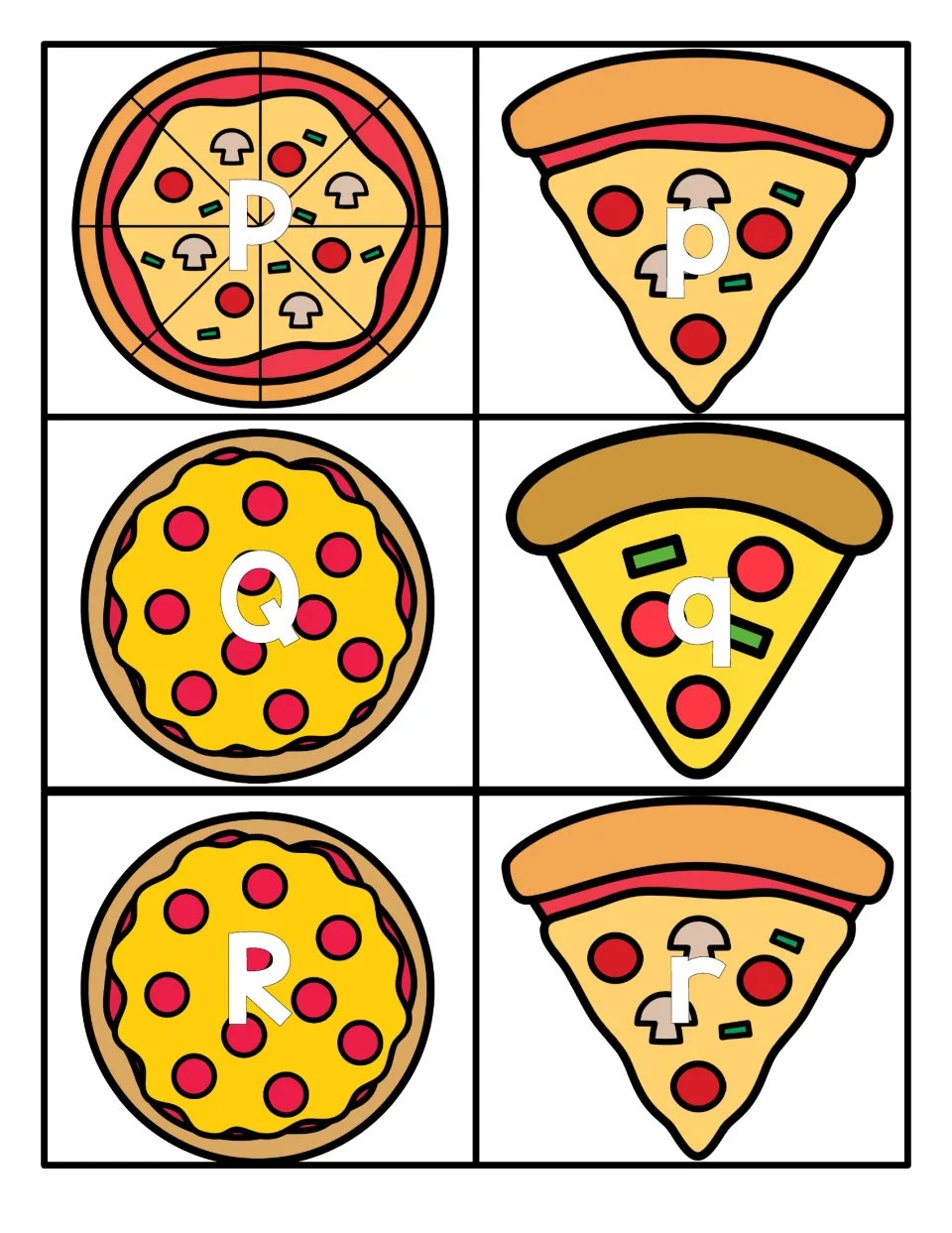 P, Q and R letter pairs on pizza cards; learners match each uppercase card to the lowercase card with the same letter