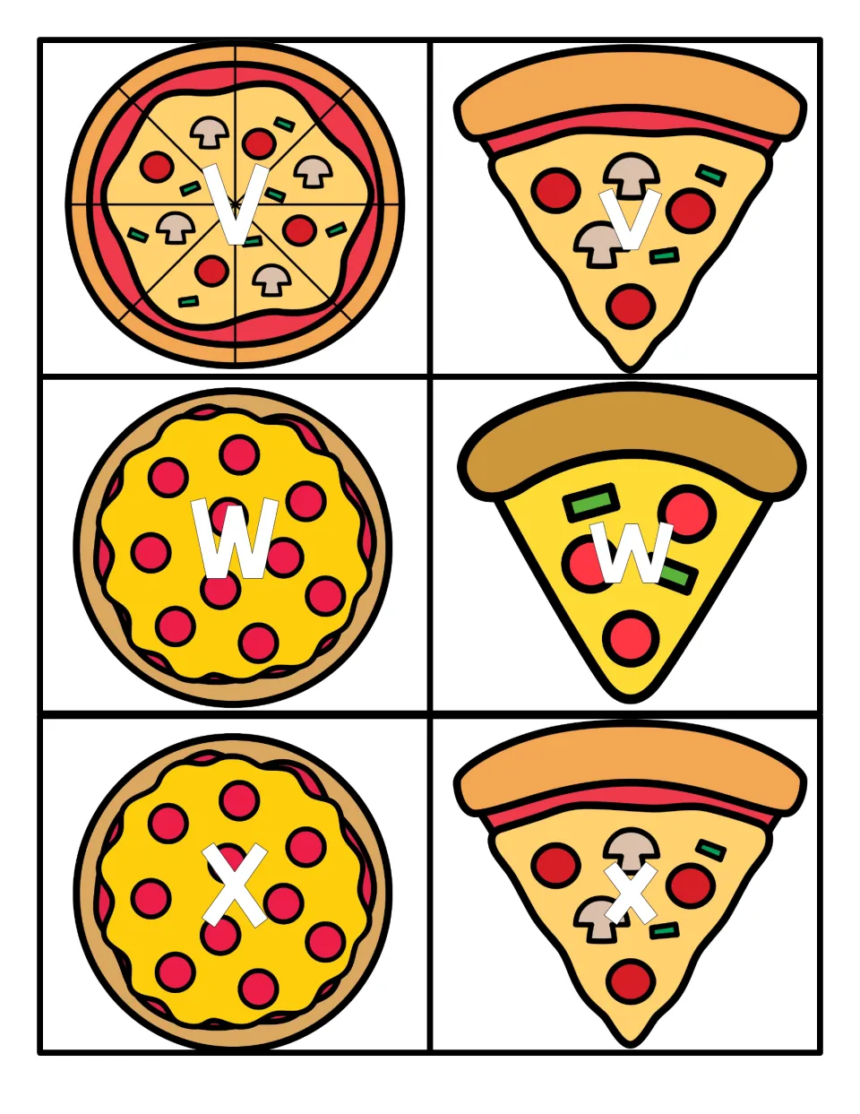 V, W and X pizza letter cards: uppercase and lowercase versions of each letter for children to find and pair together
