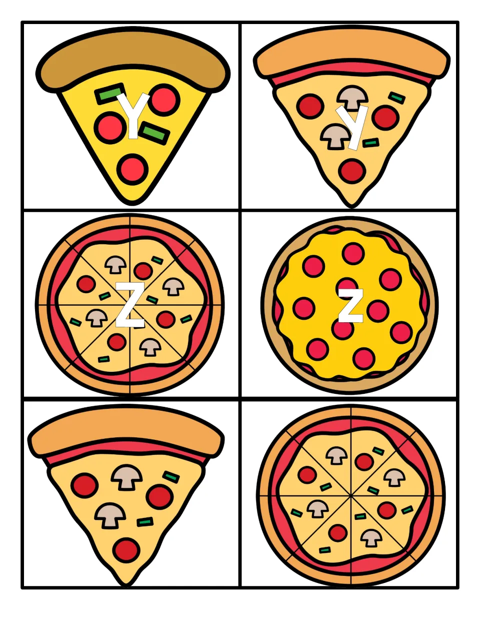 Y and Z capital and lowercase pizza cards to match, plus a plain slice and a whole pie with no letter