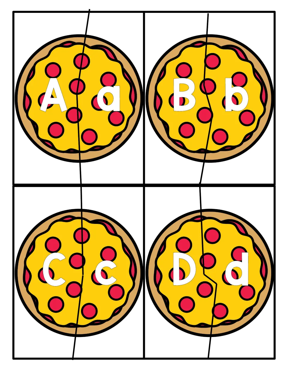 Letters A to D: pepperoni pizza puzzles cut in two so students match each capital letter to its lowercase half