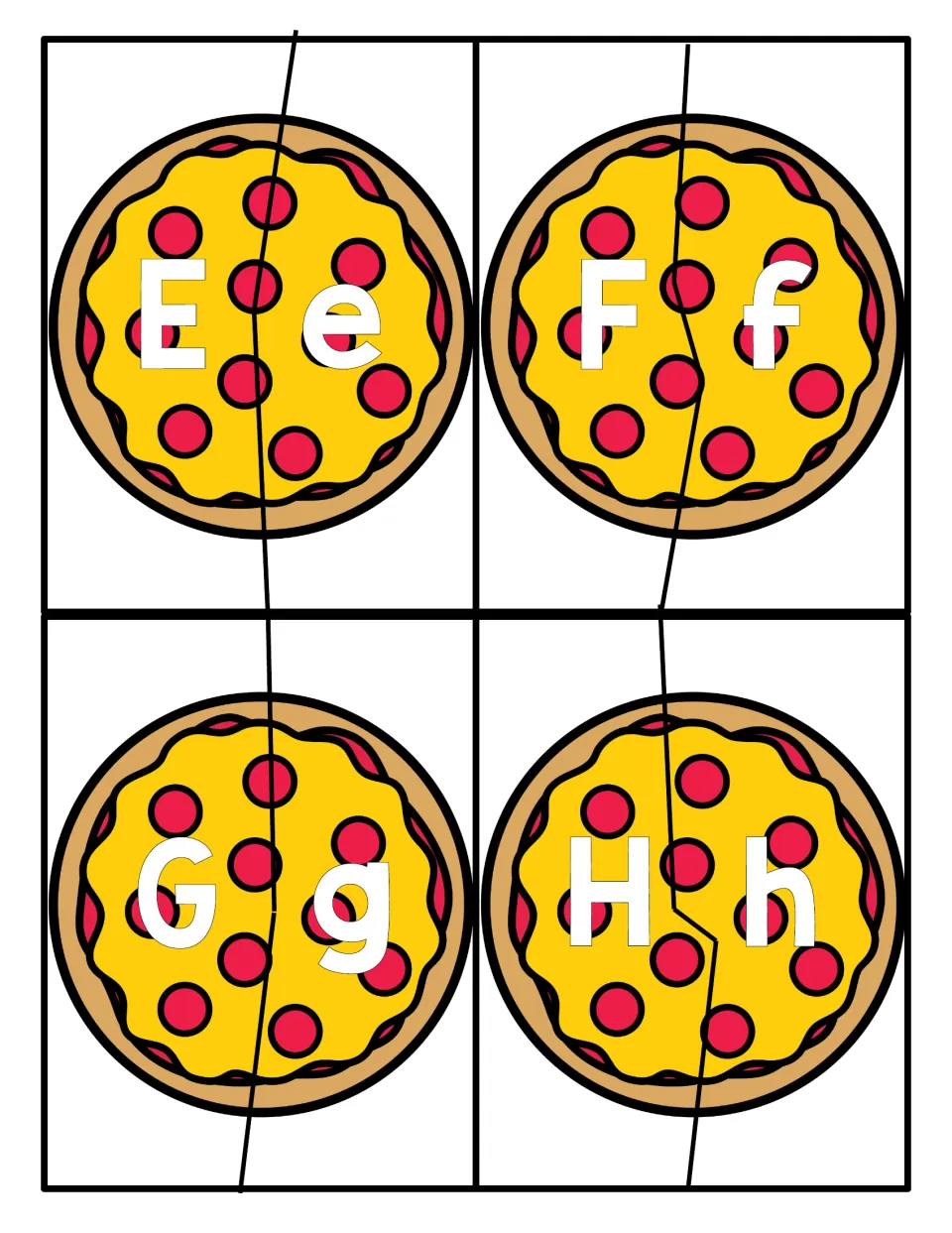 Letters E, F, G and H: students join two-piece pepperoni pizzas, pairing each uppercase letter with its lowercase match