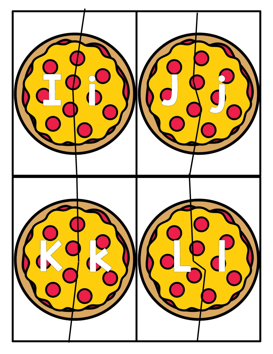 Letters I to L: two-piece pizza puzzles where students connect capital I, J, K and L with lowercase i, j, k and l