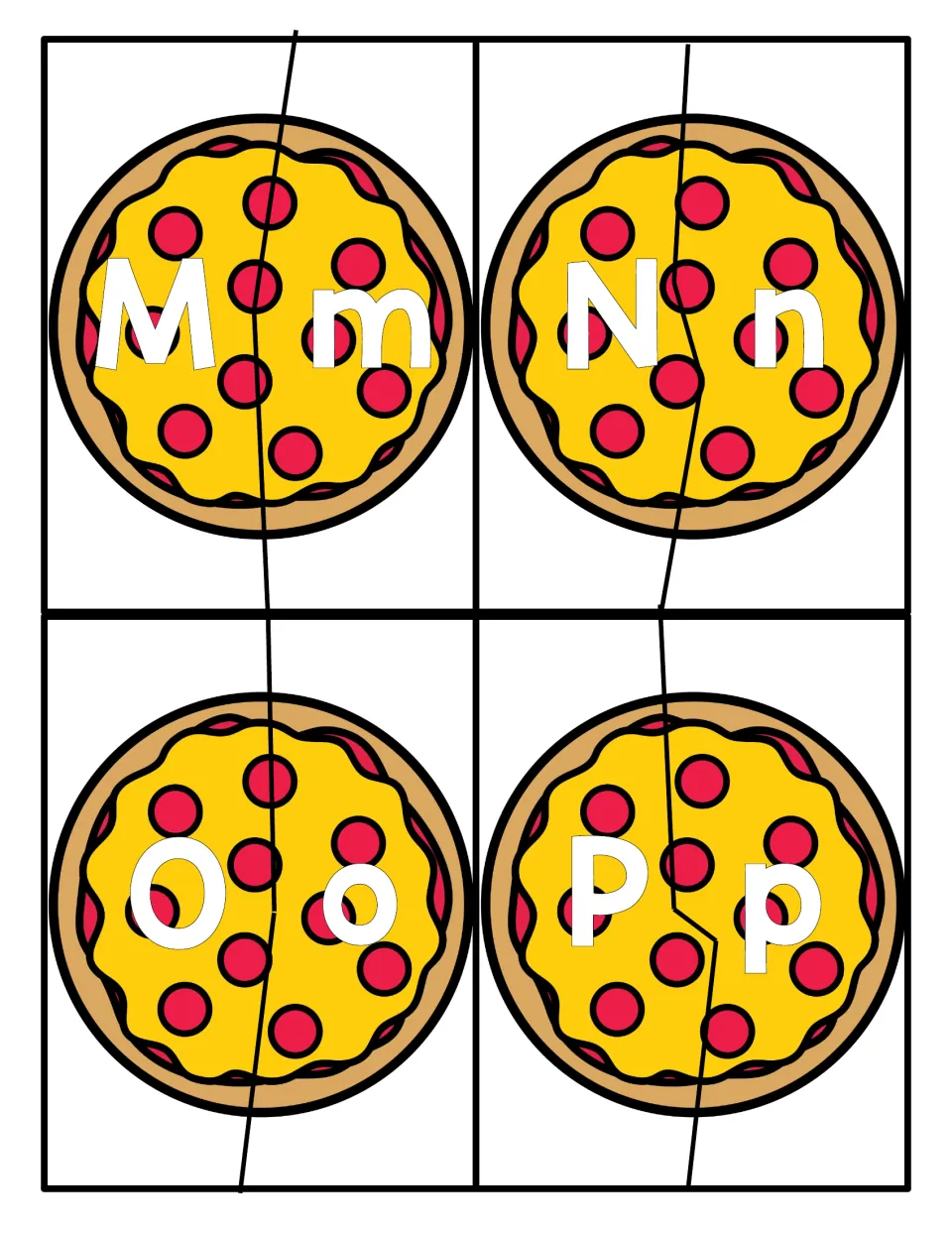 Letters M to P: students put together pizza halves to match uppercase M, N, O and P with lowercase m, n, o and p