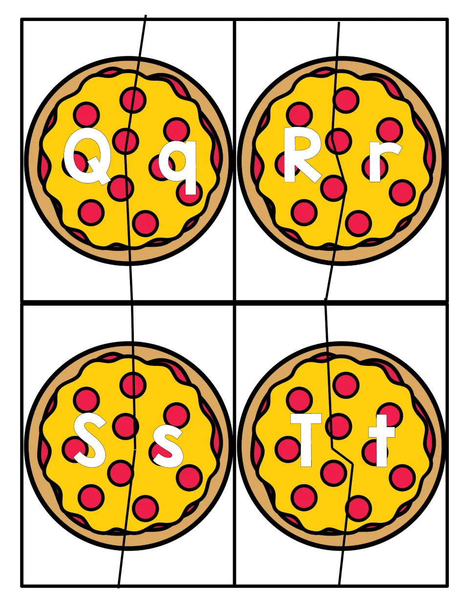 Letters Q to T: pizza halves for matching capital Q, R, S and T to lowercase q, r, s and t in two-piece puzzles