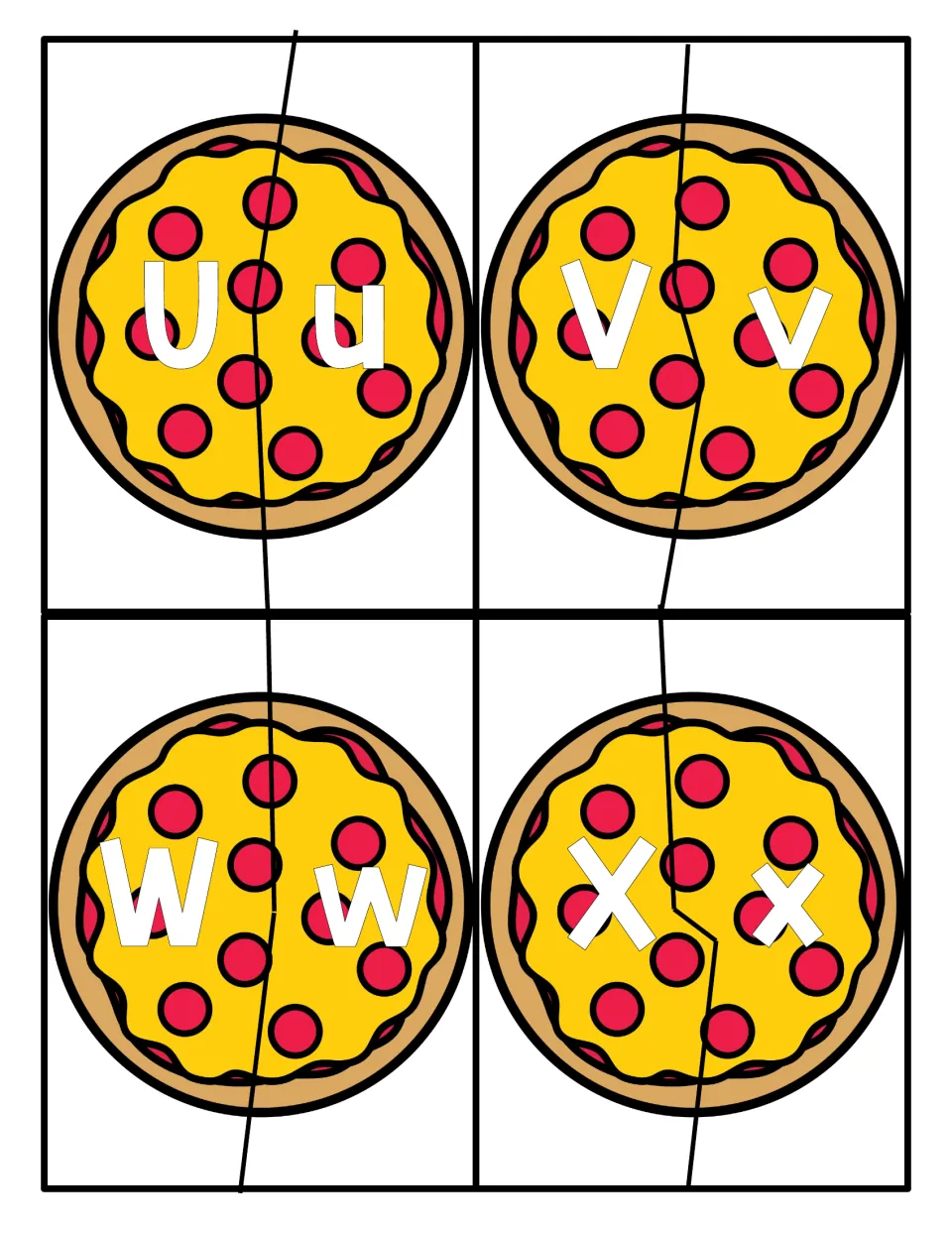 Letters U to X: students pair uppercase and lowercase U, V, W and X by fitting together the two halves of each pizza