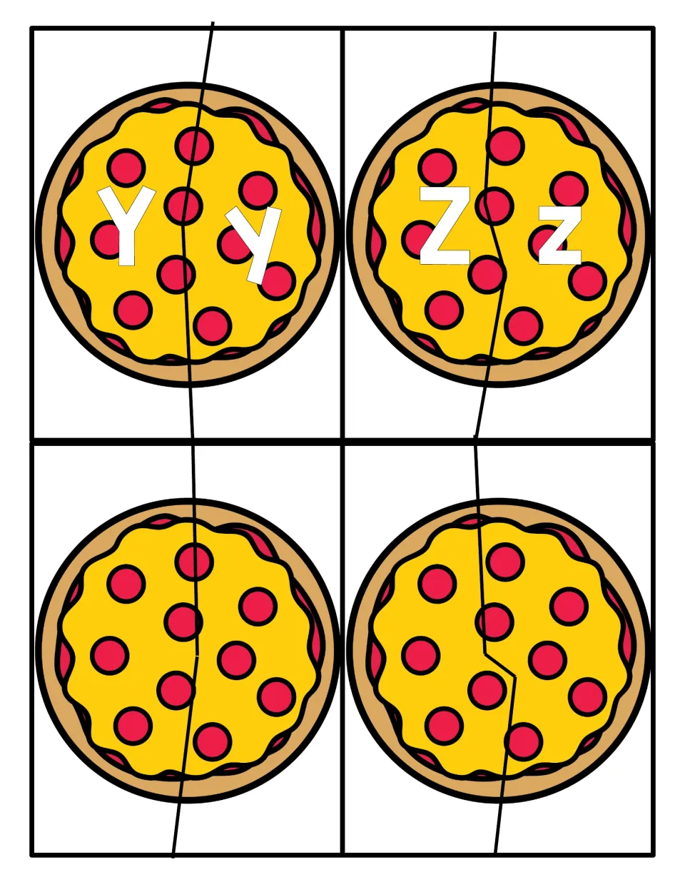 Letters Y and Z: pizza puzzles matching Yy and Zz, plus two blank two-piece pizzas with no letters printed on them