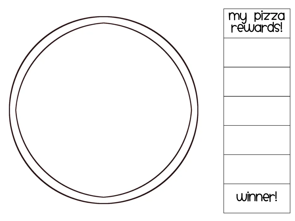 Blank pizza circle for students to partition into equal shares, beside a 'My Pizza Rewards!' tracker ending in 'Winner!'