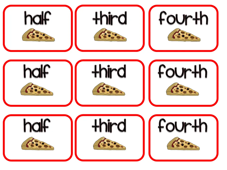 Pizza reward cards: nine cut-out cards reading half, third or fourth, each with a pizza slice picture