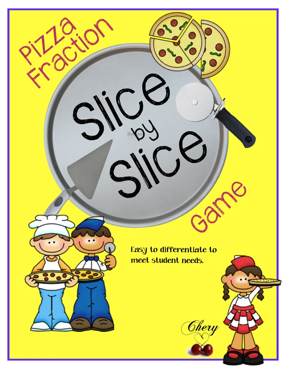 Cover of Pizza Fraction Slice by Slice Game, with a note about differentiating to meet student needs