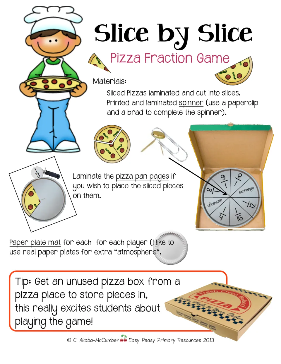 Preparation directions for the pizza fraction game: laminate slices and assemble a paperclip spinner