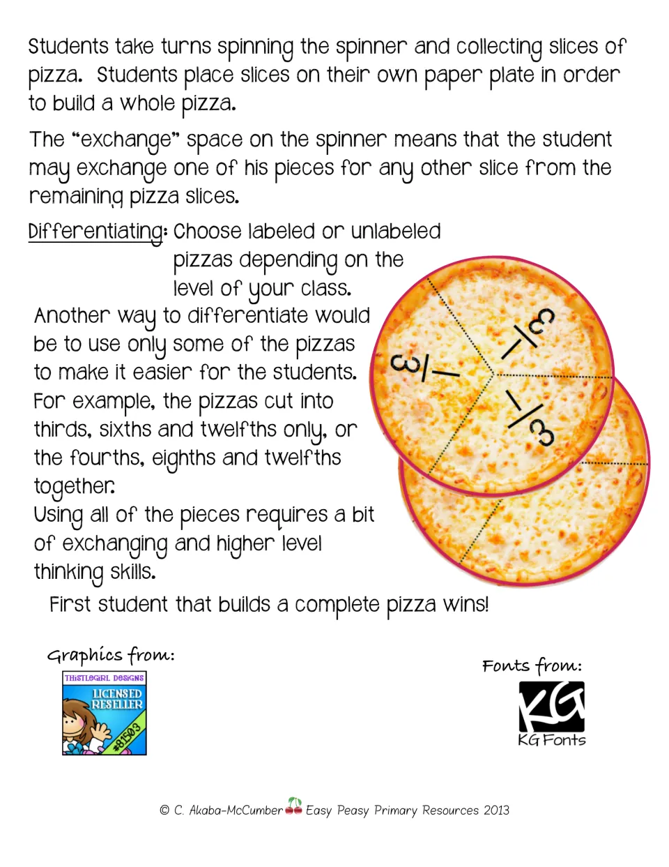 Pizza fraction game rules explain collecting slices, exchanging pieces, and choosing labeled or unlabeled pizzas