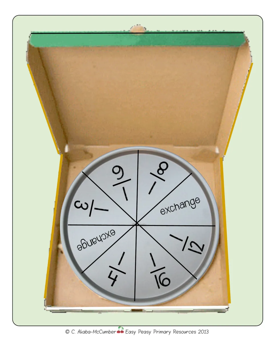 Pizza fraction game spinner has fraction spaces and two exchange spaces for selecting or trading slices