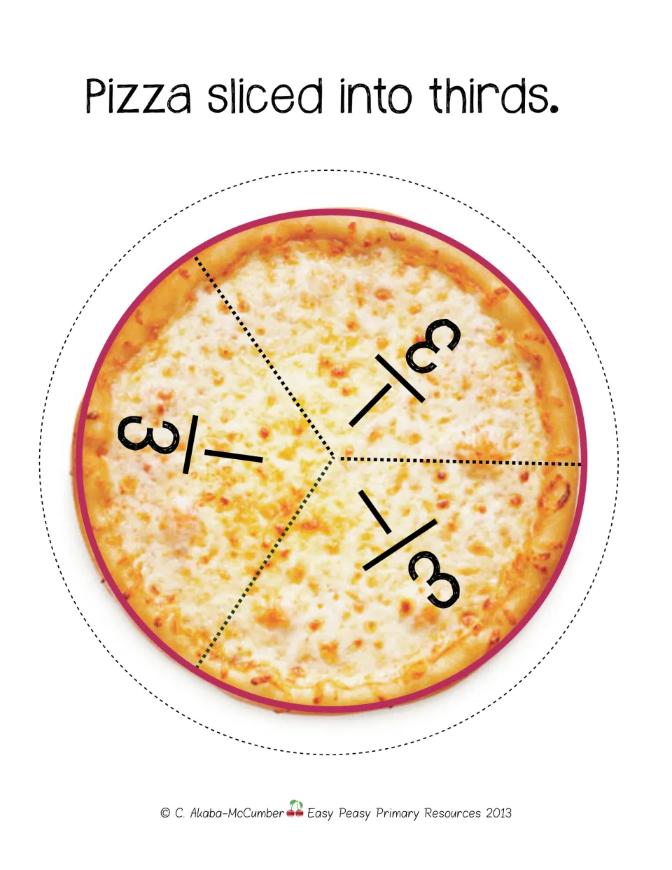 Labeled thirds cutout sheet for the pizza fraction game shows one cheese pizza with 1/3 on each slice