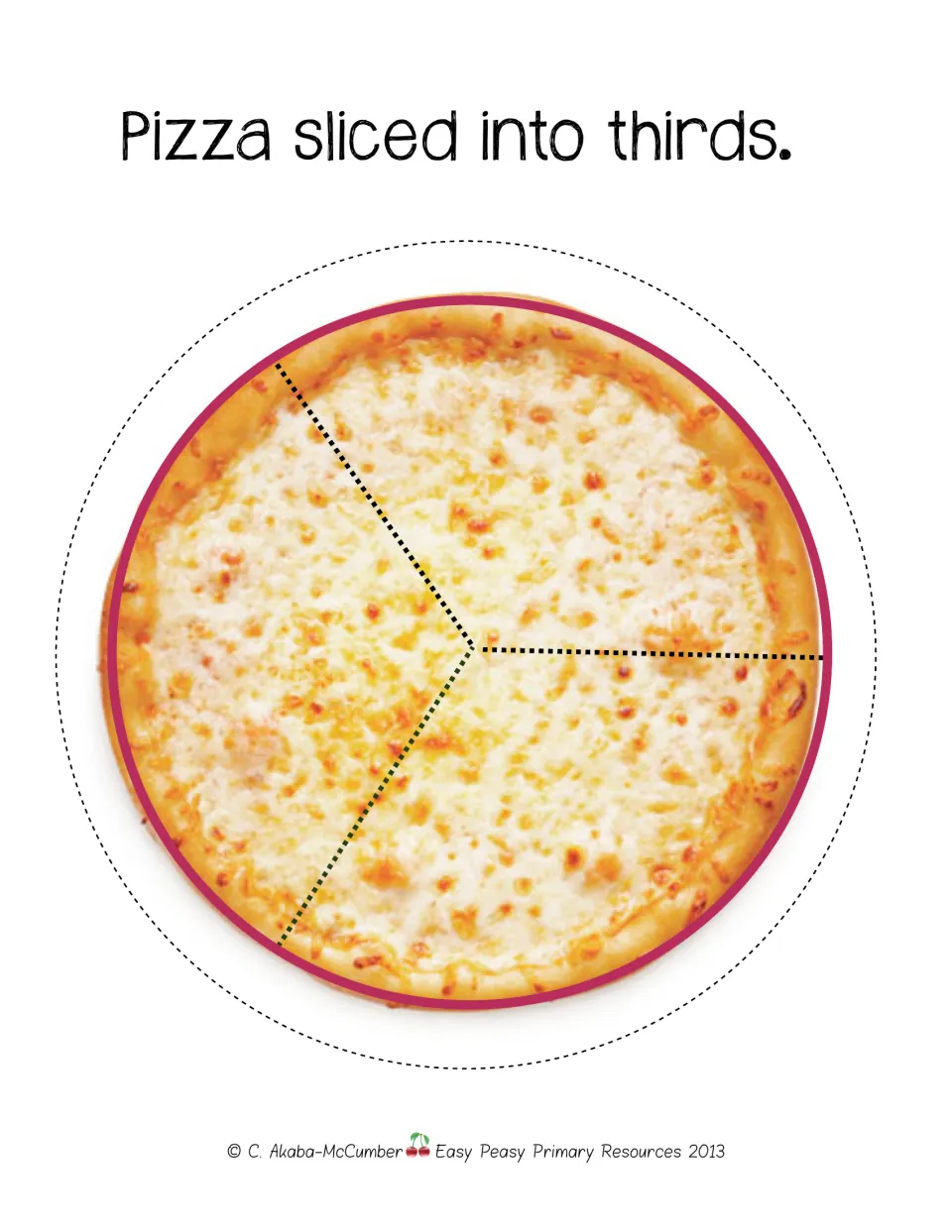 Unlabeled thirds cutout sheet for the pizza fraction game shows one cheese pizza divided into three equal slices
