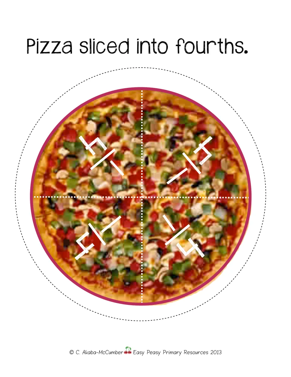 Labeled fourths cutout sheet for the pizza fraction game shows one vegetable pizza with 1/4 on each slice