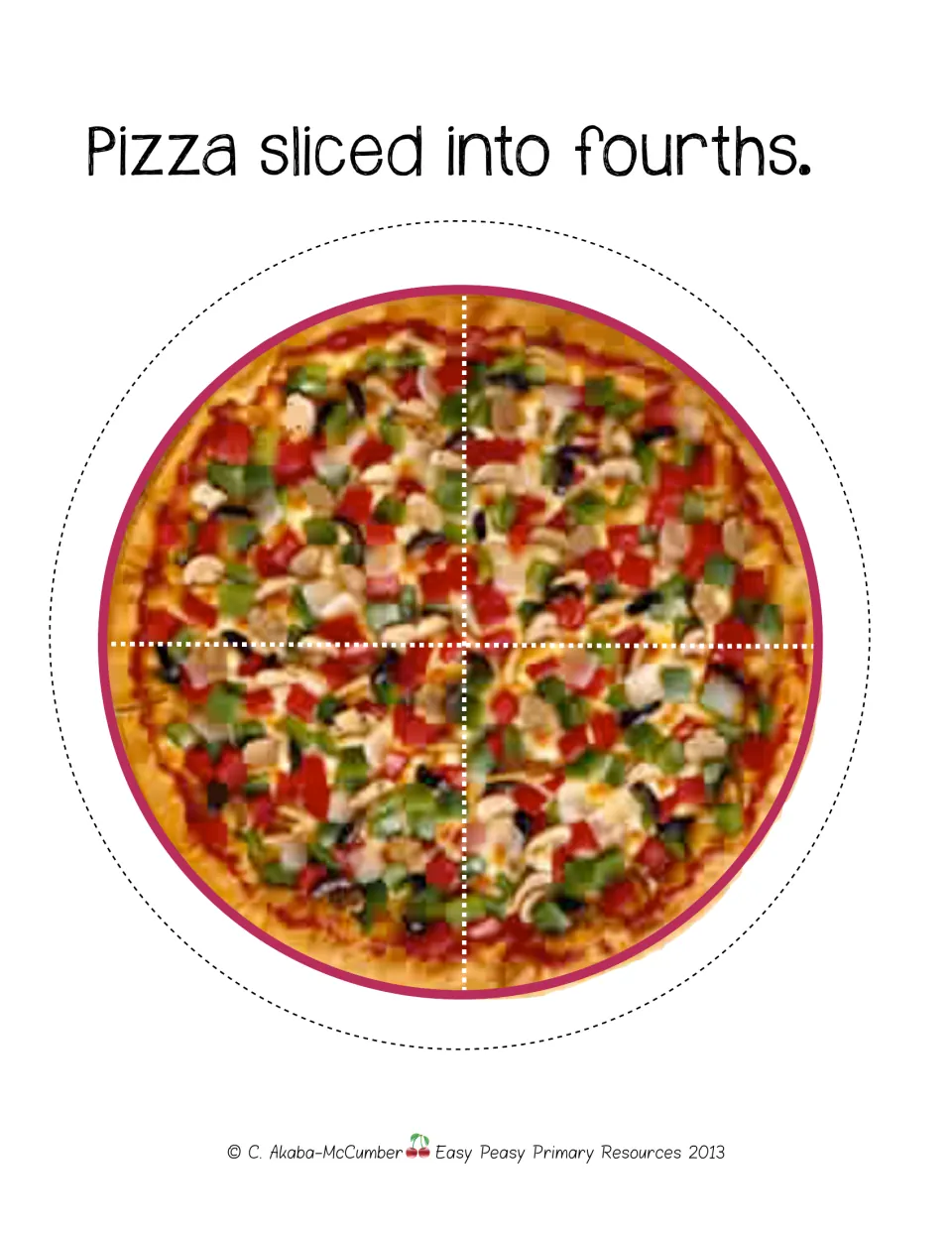 Unlabeled fourths cutout sheet for the pizza fraction game shows a vegetable pizza divided into four equal slices