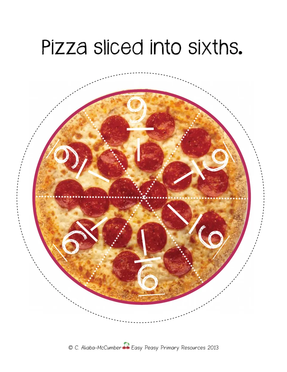 Labeled sixths cutout sheet for the pizza fraction game shows one pepperoni pizza with 1/6 on each slice