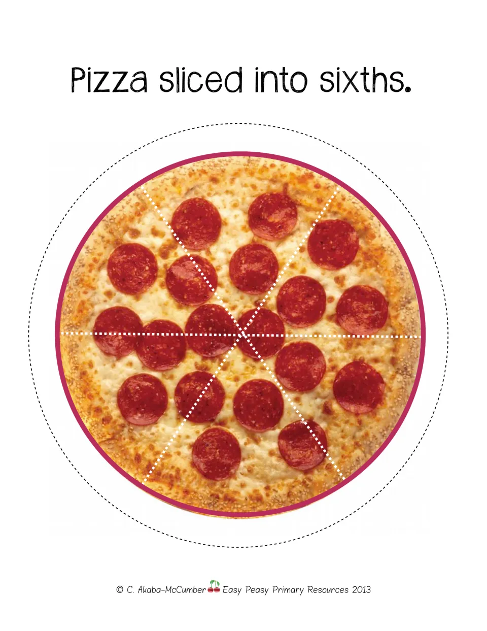 Unlabeled sixths cutout sheet for the pizza fraction game shows a pepperoni pizza divided into six equal slices