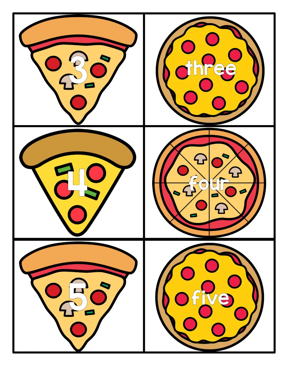 Numbers 3 to 5 cards: pizza slices show the numerals 3, 4, 5 and whole pizzas show three, four, five to match each pair