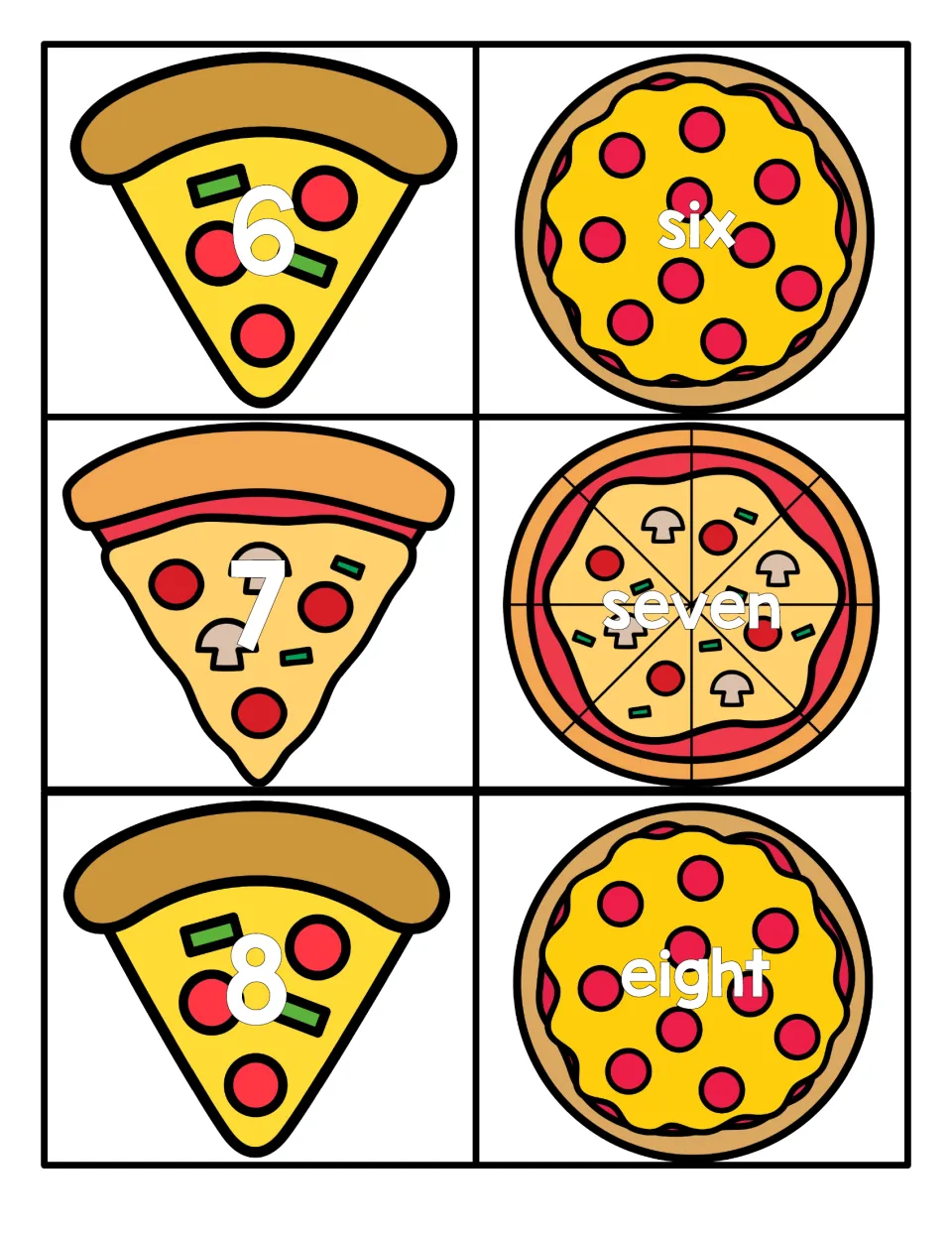 Numbers 6 to 8 cards: students pair the pizza slices marked 6, 7, 8 with whole pizzas reading six, seven, eight
