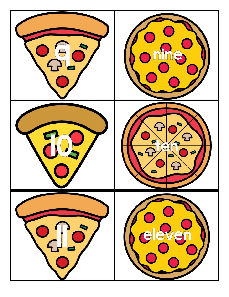 Numbers 9 to 11 cards: pizza slices with 9, 10, 11 match to whole pizzas spelling nine, ten, eleven to read number words