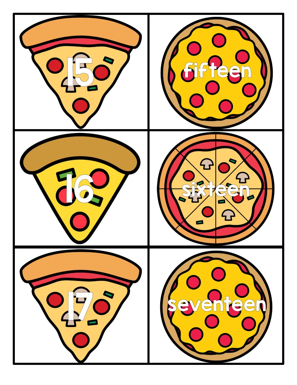 Numbers 15 to 17 cards: match slices numbered 15, 16, 17 to whole pizzas reading fifteen, sixteen, seventeen