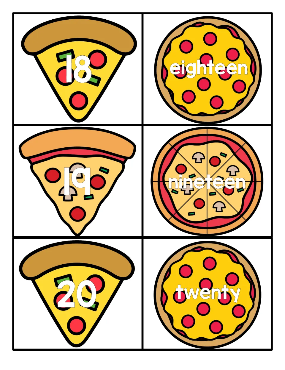 Numbers 18 to 20 cards: pizza slices with 18, 19, 20 pair with whole pizzas spelling eighteen, nineteen, twenty