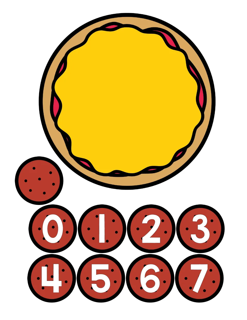 Pizza counting mat: a cheese pizza to cover with pepperoni pieces, plus cut-out pepperoni numbered 0 to 7