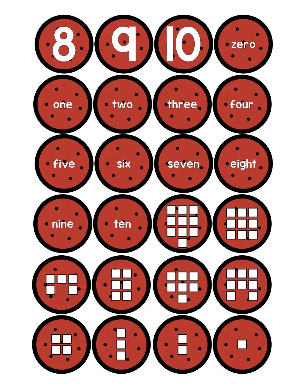 Pepperoni cards for matching: numerals 8 to 10, number words zero to ten, and square dot patterns showing 1 to 10