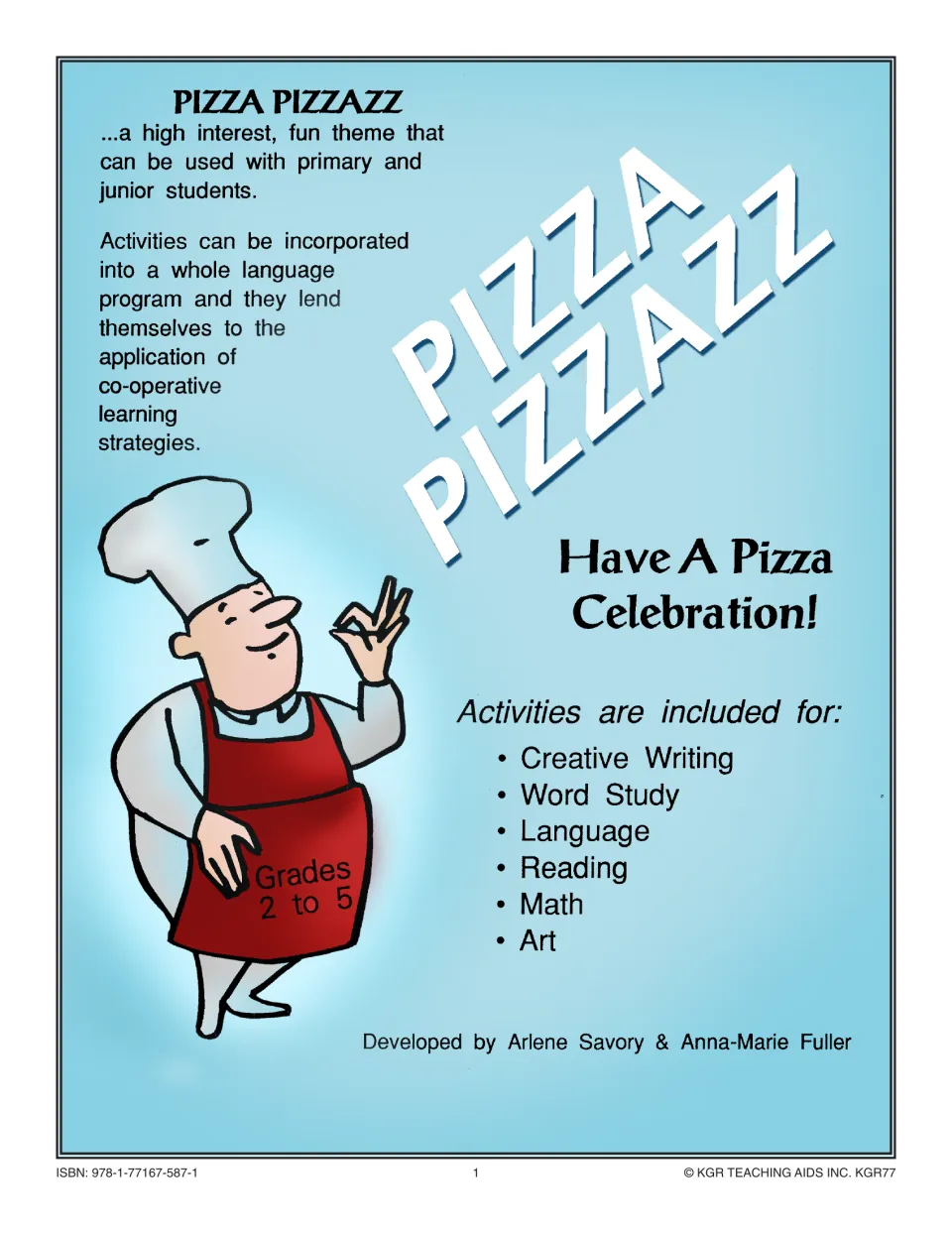 Pizza Pizzazz cover for grades 2–5, listing creative writing, word study, language, reading, math, and art