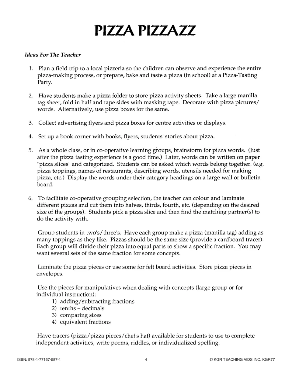 Teacher suggestions 1–6 cover pizza field trips, folders, displays, word sorting, and fraction manipulatives