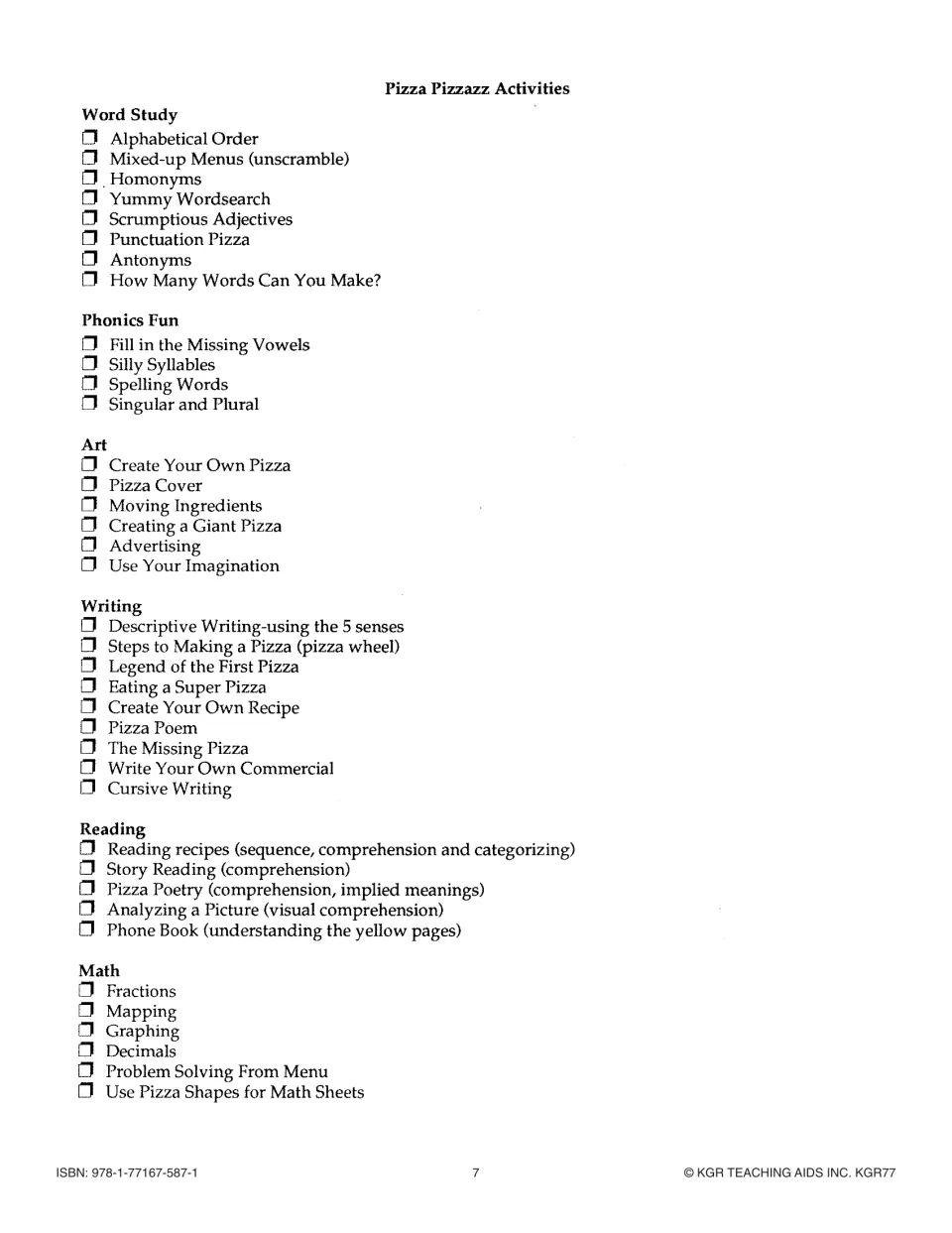 Activity checklist organizes word study, phonics, art, writing, reading, and math tasks for the pizza unit
