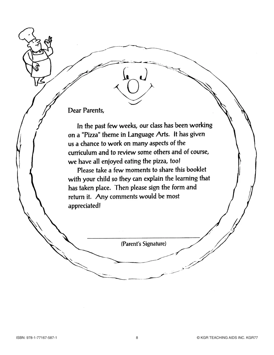 Parent letter asks families to review the child's pizza booklet, discuss learning, sign, and return the form