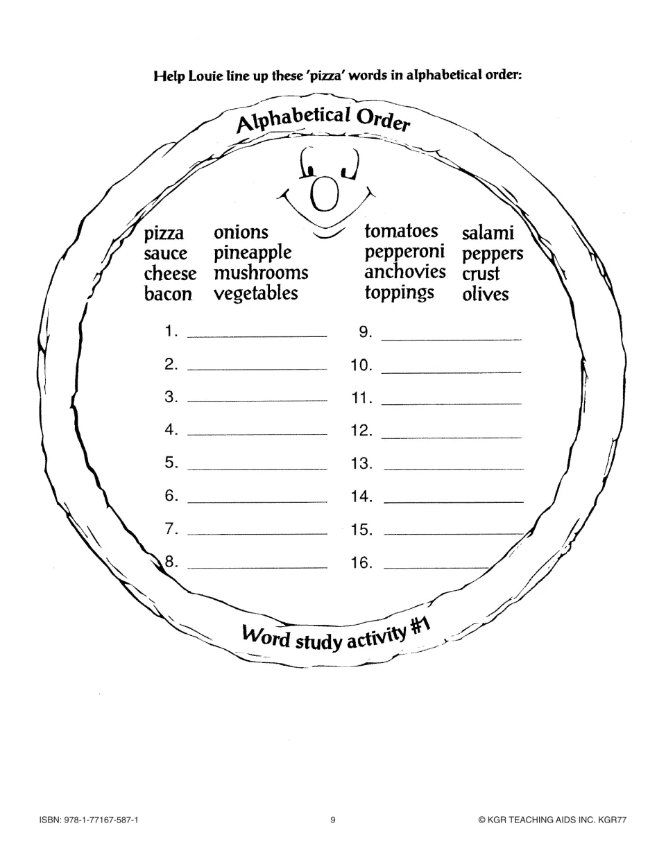 Word study activity 1 asks students to alphabetize 16 pizza words, including onions, tomatoes, and salami