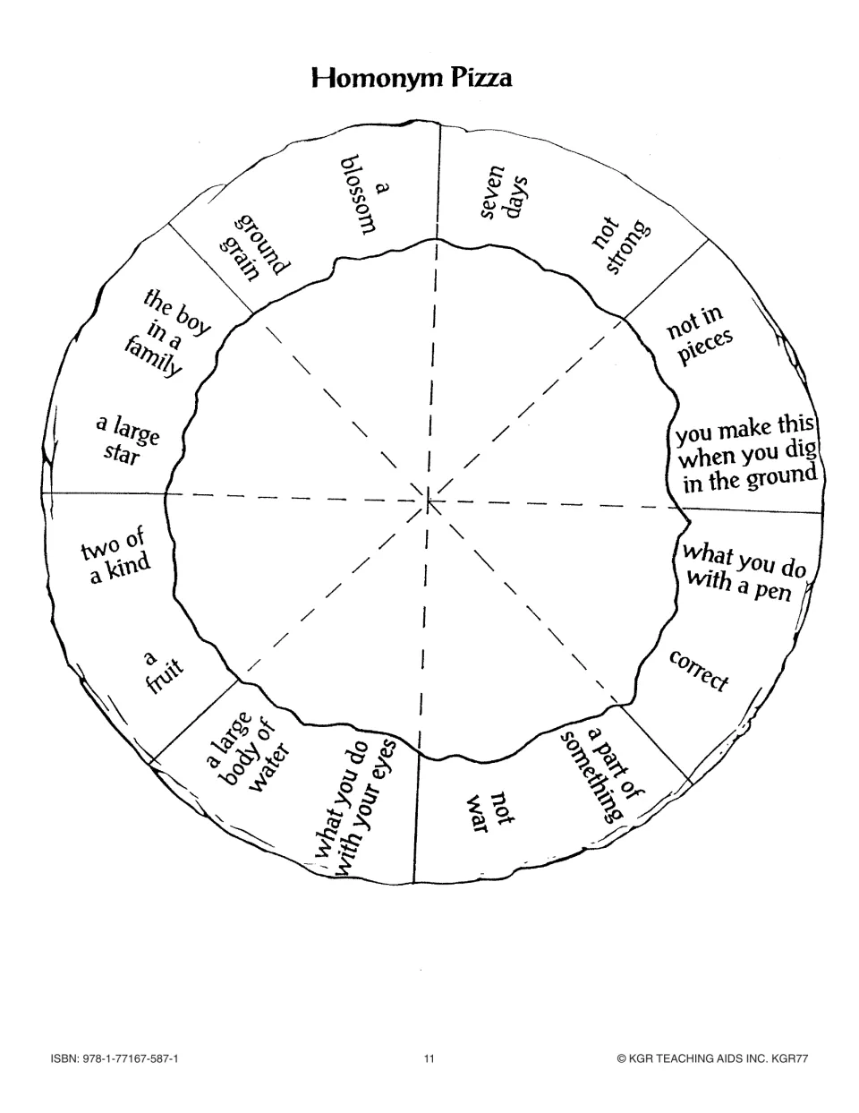 Homonym Pizza activity presents eight paired word clues, including seven days/not strong and a blossom/ground grain