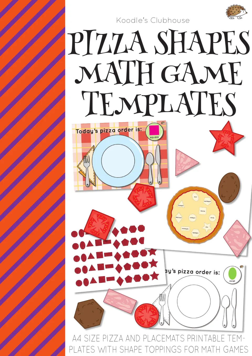 Cover of the pizza shape-matching game showing sample placemats, pizza templates, and shaped toppings