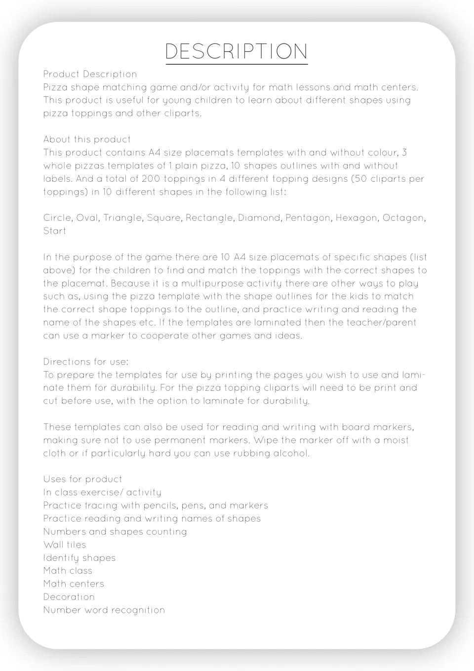 Game description and directions for matching 10 shapes, preparing pizza toppings, and using laminated templates