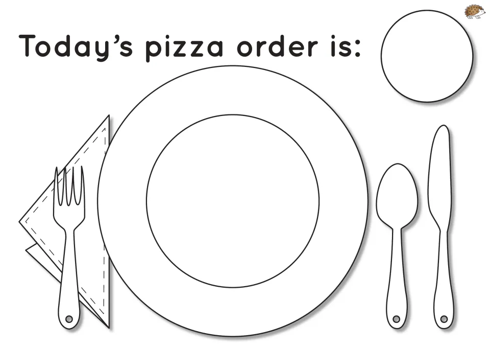 Black-and-white pizza game placemat with an empty plate and blank shape prompt under “Today’s pizza order is:”