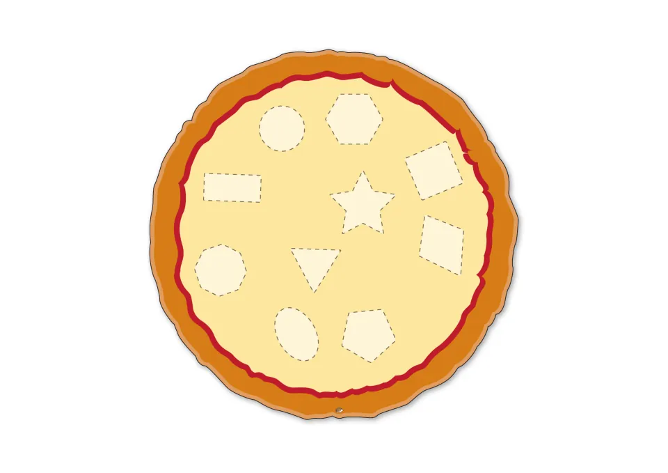 Pizza matching template with 10 unlabeled shapes, including a circle, oval, triangle, square, and star