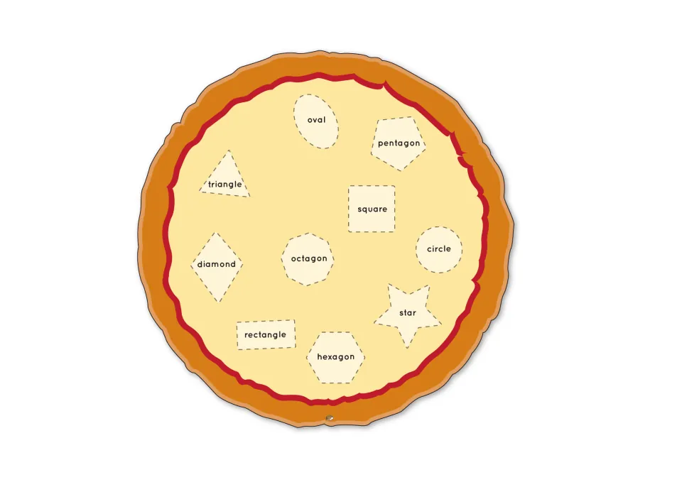 Pizza matching template with 10 labeled shapes, including oval, pentagon, triangle, square, and hexagon