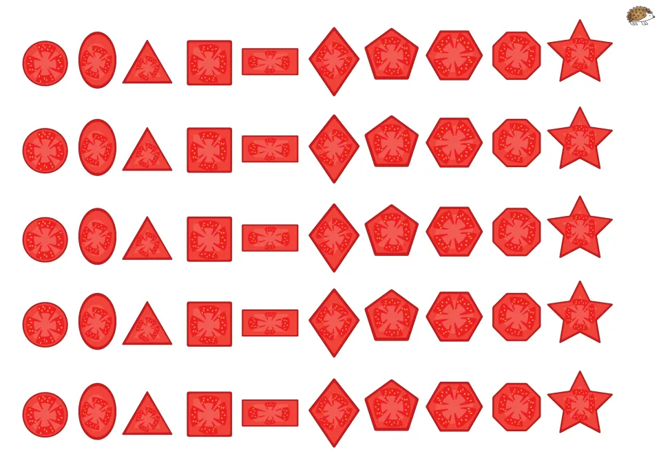 Tomato topping cutouts for pizza shape matching: 50 pieces, with five copies of each of the 10 shapes
