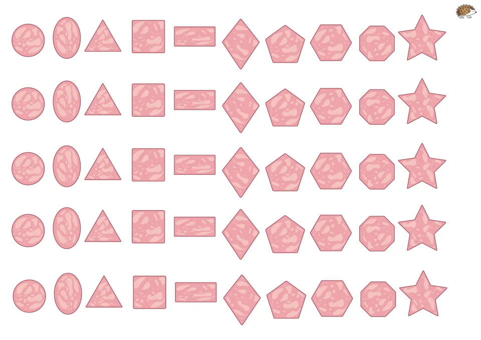 Pink topping cutouts for pizza shape matching: 50 pieces, with five copies of each of the 10 shapes